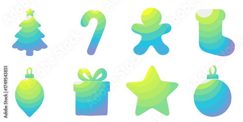 whimsical christmas icons with gradient fill in shades of blue, green, and yellow