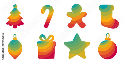 colorful christmas icons with a wavy gradient pattern on a transparent background