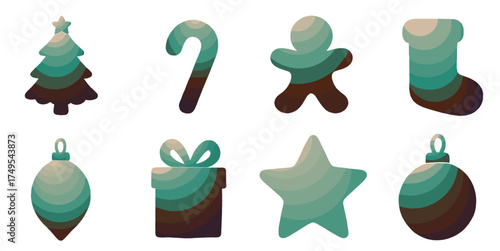 whimsical christmas icons with layered color blocking in muted tones on a transparent background