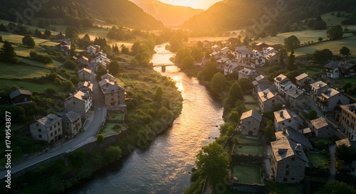 Aerial view of a picturesque village in a valley with a river flowing through, bathed in the warm glow of a sunrise or sunset, surrounded by mountains.