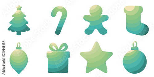 whimsical christmas icons with layered shades of green and cream