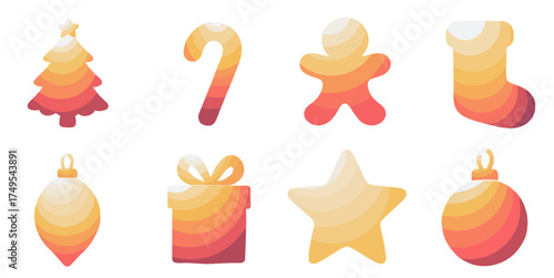 christmas icons set with gradient color style including tree, candy cane, gingerbread man, stocking, bauble, gift, and star