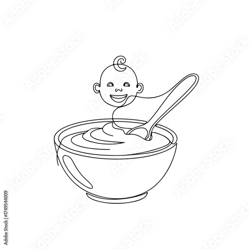 Single line baby illustration of spoon and bowl, simple drawing. Baby illustration includes apple puree for healthy nutrition during childhood,