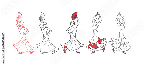 Print, Black red silhouette of a female gymnasts doing a split in Woman dancing flame white background. Ballerinas or women rhythmic gymnastic dancer at a sport competition, championship design elemen