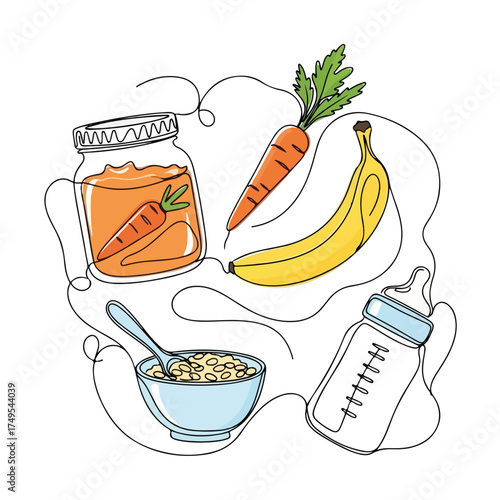 Line art baby items with baby bottle, bowl, and fruit in simple outline, representing childhood innocence. Baby items such as pacifier, spoon,