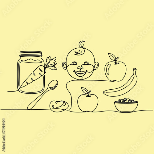 Baby items illustration with bottle, baby food, and fresh apple on white background, baby items illustration designed with simple line art. Preparation baby items includes baby food and fruit,