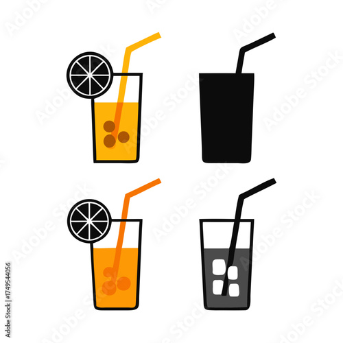 Four glasses of drinks with straws and orange slice garnish