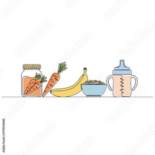 Baby shower line art with baby items and nutritious food for newborn feeding. Baby shower drawing features a single line style art of baby bib, food, bottle and pacifier.