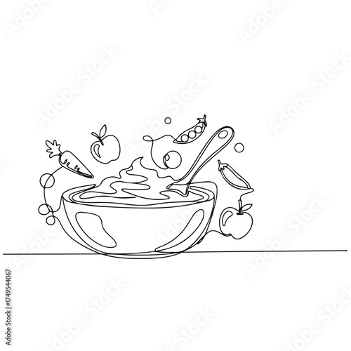 Single line art drawing with baby items, including a bowl of puree for a baby's meal. Simple single line art with a bib, bottle, and spoon symbolizes innocence and nutrition during infancy.