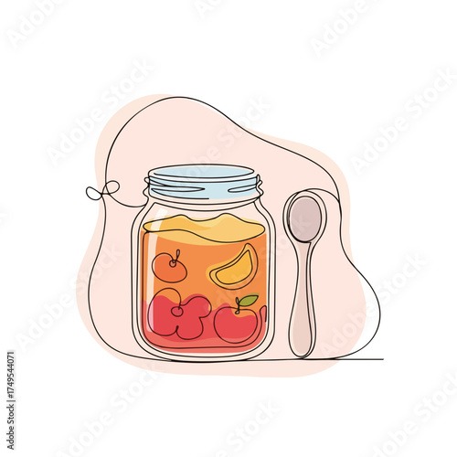 Simple baby items drawing showing a baby shower concept in single line art. Baby items arrangement features a bib, bottle, pacifier, apple, and spoon to evoke childhood and innocence.