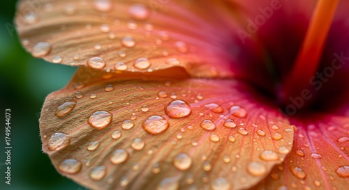 Close-up of a hibiscus flower with water droplets on its petals, showcasing vibrant colors and delicate texture.