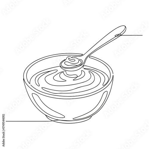 Simple newborn illustration of baby items and food bowl with spoon in minimalist single line art. Simple newborn illustration of feeding bowl, baby bib, and baby pacifier on white for baby shower.