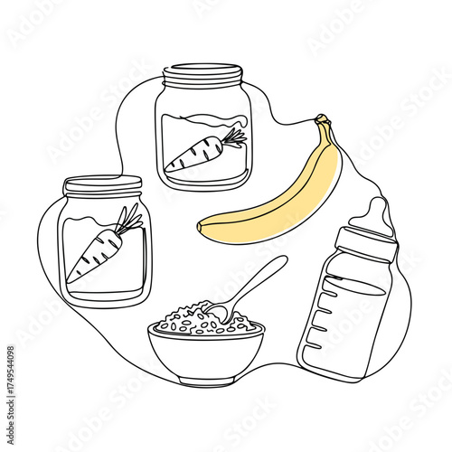 Baby items arranged as cute baby shower graphic in minimal outline. Modern baby items including a food bowl and nipple bottle enhance newborn innocence.