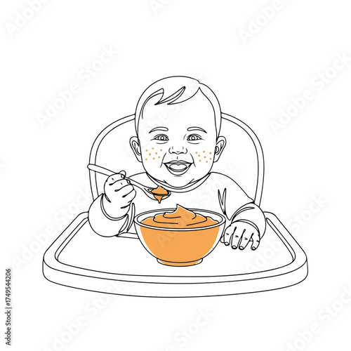 Baby line art of infant eating nutritious food with spoon and bowl. Baby line art includes apple food, bottle, and pacifier artwork for modern nursery design.