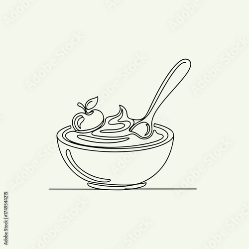 Simple baby food illustration featuring a single line drawing style, with apple and spoon. Minimalist baby food evokes innocence and childhood; illustration expresses infancy and nutrition.