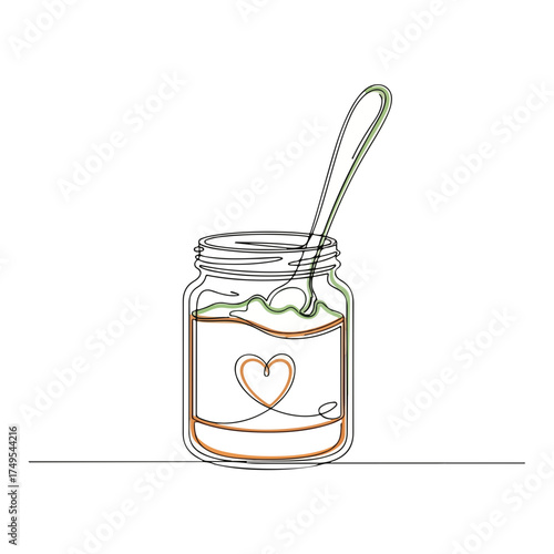 Baby food illustration shows single line drawing of jar and spoon, with linear heart on label. Baby food illustration artwork for modern baby shower decorations features wholesome apple food.