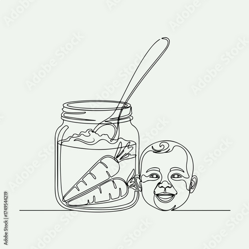 Minimalist drawing of baby items including feeding jar with vegetables, bottle and pacifier. This simple drawing of baby items creates an adorable newborn design for nursery.