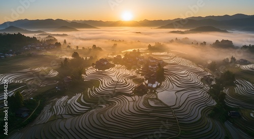 Aerial view of stunning terraced rice paddies covered in morning fog at sunrise.