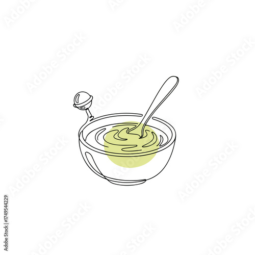 Baby items illustration featuring baby bowl and baby spoon, simple drawing style. Baby bowl and baby spoon, accompanied by baby pacifier and apple, showcase line art, embodying innocence.