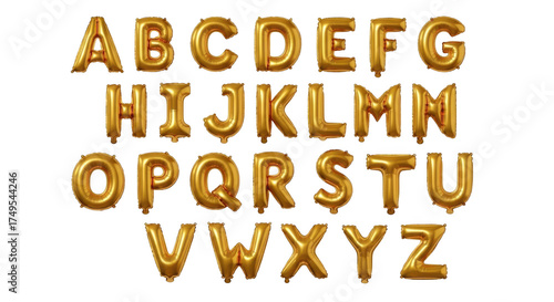 Golden alphabet letter balloons isolated on transparent background