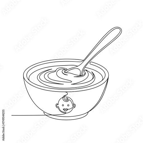 Simple newborn baby food illustration in black and white, presented as a single line art. Modern newborn baby food graphic is an outline drawing in minimalist style, using a linear design.