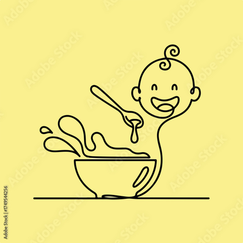 Cute baby feeding illustration shows simple drawing of baby, bowl, and spoon. Minimalist baby illustration is suitable for baby items, showcasing mealtime and nutrition.