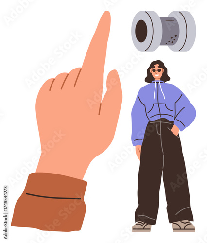 Large human hand pointing up, woman in hoodie standing confidently, and cylindrical steel spool. Ideal for style, gesturing, direction, decision, confidence individuality modernity. Simple flat