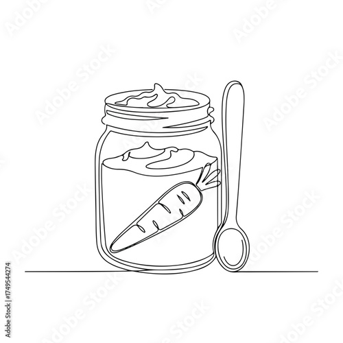 Baby items line art featuring organic carrot puree in jar and spoon. Baby items illustration is simple, linear, and cute.