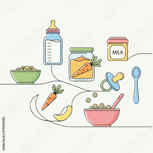 Simple baby items illustration of essentials like bottle and bib, isolated on white. Baby items drawing shows food, pacifier, and spoon in a minimalist style, reflecting innocence.