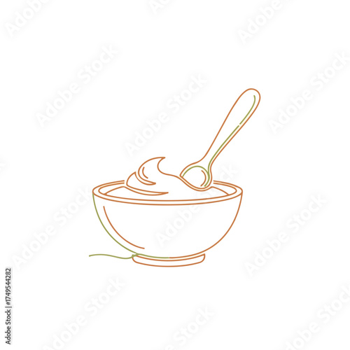 Simple line art style illustration of baby items, a baby meal with a spoon, and a baby bowl. Baby items include an apple, bottle, bib, and pacifier, all in simple line art, single line art,