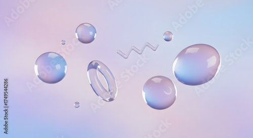 Abstract composition of iridescent spheres, droplets, and geometric shapes floating on a soft pastel gradient background, creating a serene and modern aesthetic.