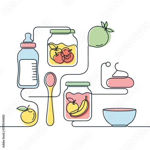 Minimalist baby items illustration with newborn essentials drawing in outline style. This minimalist baby items drawing features simple linear elements like bottle, spoon, bib, bowl, and fruit,