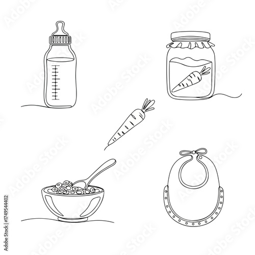 Simple baby items drawing with feeding bottle and bowl with spoon in line art style. Baby items sketch presents baby bib, and apple puree for infant.