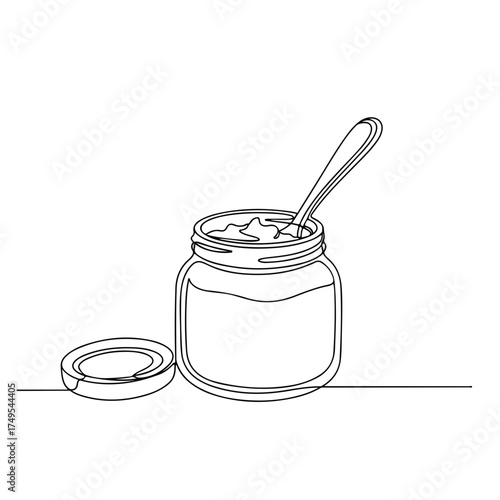Line art drawing of baby food jar with spoon, a minimalist single line design. Simple drawing of baby food, spoon, and jar evokes nutrition, innocence, and childhood. This line art drawing,