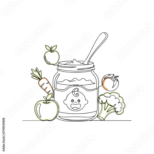 Cute line art baby food with apple and spoon for newborn. Line art baby food ingredients like apple, tomato and carrot are arranged around jar in artistic manner.
