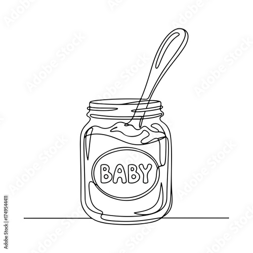 Baby items single line art depicting an apple and spoon in a jar ideal for baby shower themed designs. Baby items minimalism in linear outline style, suitable for artwork on packaging.