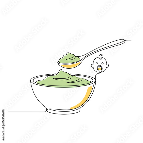 Simple baby items include food bowl and spoon, expressed in minimalist line art drawing. Simple baby items like bib and pacifier are ideal for newborn.