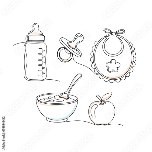 Sweet baby items line art illustration featuring bottle, bib, pacifier, and baby food. This minimalist drawing of baby items highlights simple innocence of early childhood.