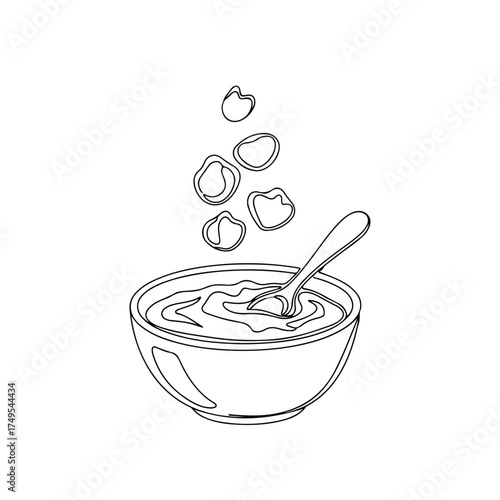Cereal bowl graphic with breakfast cereal falling into a white bowl with spoon, minimalist design, offering simple aesthetic.