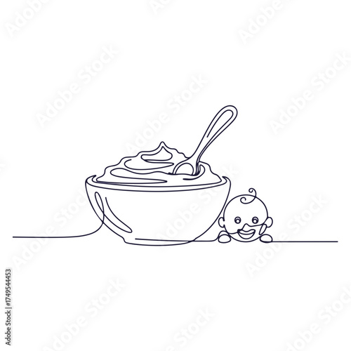 One line drawing of baby food with cute kid near spoon and bowl with purée for healthy eating, minimal sketch. Artistic line drawing presents single stroke illustration of baby food,