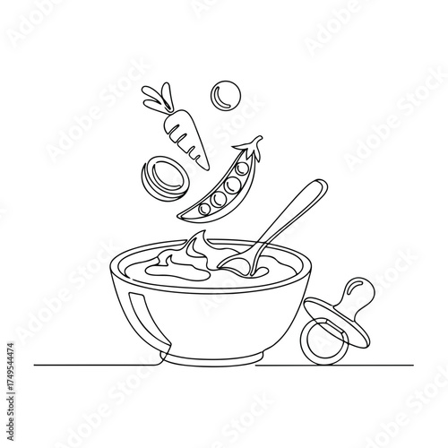 Single line drawing baby food preparation in minimalist style, featuring carrot and peas ingredients. Single line baby food outline displayed with spoon, bowl and pacifier,
