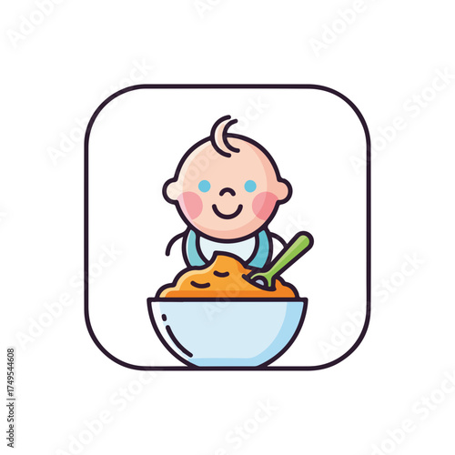 Adorable baby food icon depicting smiling baby with bowl and spoon, representing first nutritious food, ideal for parents and caregivers. Baby food symbolizes health, growth, and joy.