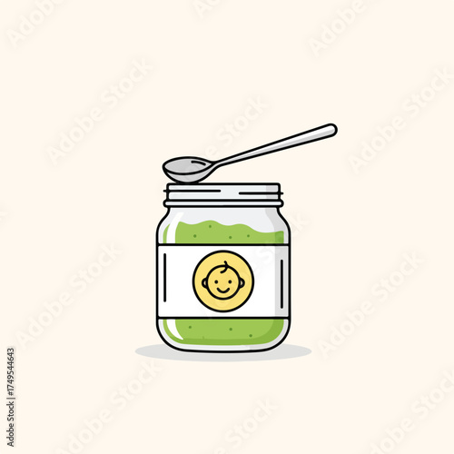 Baby food jar with spoon resting on top. This baby food illustration shows a green baby food within a glass jar and with spoon on top. Use this baby food icon for advertising or branding,