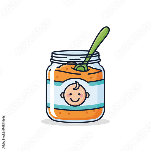 Sweet baby food in glass jar with green spoon, delicious baby food for infant feeding. Sweet baby food includes natural ingredients: mashed vegetables and pureed fruits, for healthy nutrition.