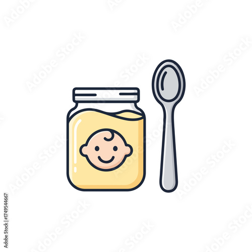 Baby food icon in jar with spoon, nutritional puree for children. Baby food, delicious puree, perfect first solid food. Baby food icon is ideal way to feed infant.