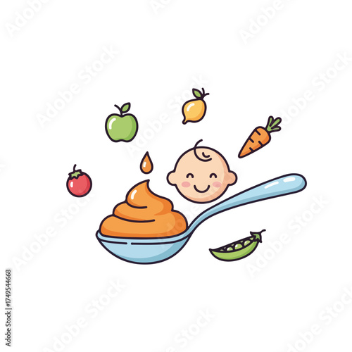 Baby food concept with cute baby face, vegetables, and fruit around spoonful of puree. Baby food preparation includes healthy ingredients, for happy baby.
