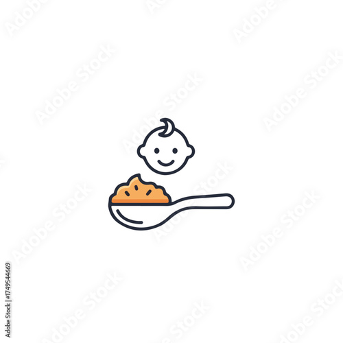 Smiling baby food icon for toddlers learning to eat first solid meals with puree from spoon. Baby food as nutritious ingredient of early stage nutrition,