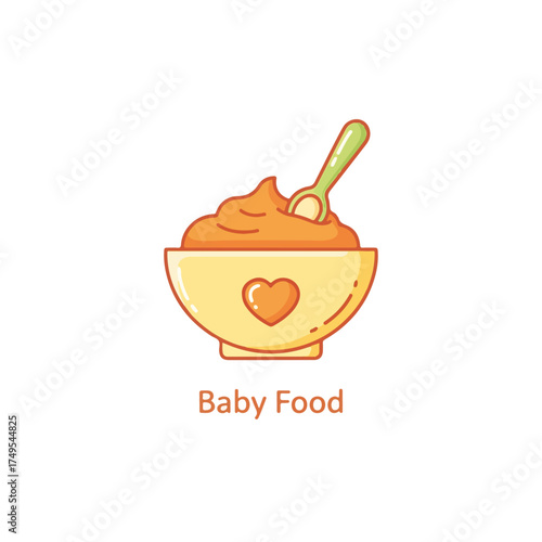 Illustration of Baby food in bowl with spoon, displayed over white. Baby food is smooth, orange, healthy and delicious, suitable for children as they grow. Perfect baby food for healthy baby.