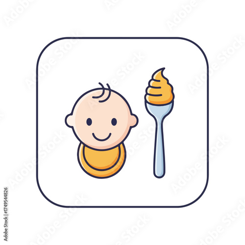 Illustrative baby food icon with smiling infant face and a spoon full of food. Baby food icon concept for mealtime and nutrition featuring baby in a bib and a spoon.