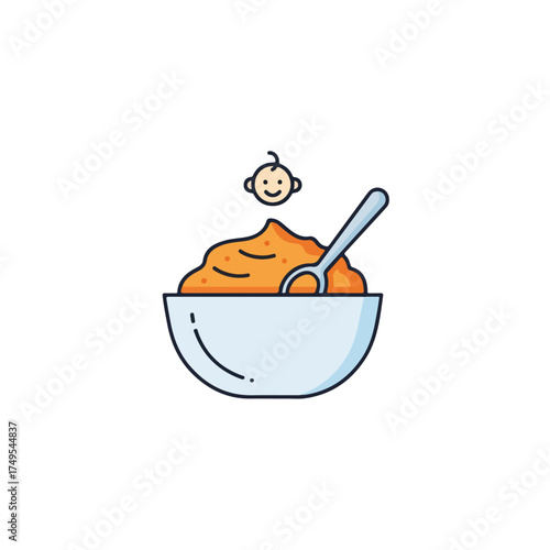 Isolated baby food in bowl with spoon, presented as smooth puree. Nutritious baby food provides necessary nutrition for baby’s growth and health during first steps. Concept baby food for toddlers.